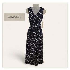 NWT Calvin Klein Women's Navy Polka Dot Jumpsuit Size 0 XS Wide Leg Cropped